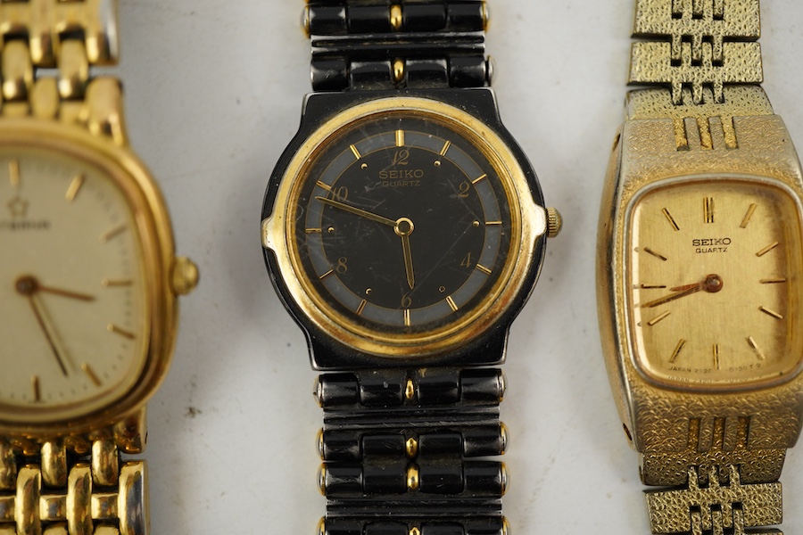 XX REMOVE ROLEX XX, A collection of watches and a bangle, comprising: two Seiko quartz watches; a manual winding watch by Larex; a quartz watch by Eterna; a quartz watch by Rotary; and a quartz watch by Pulsar; together